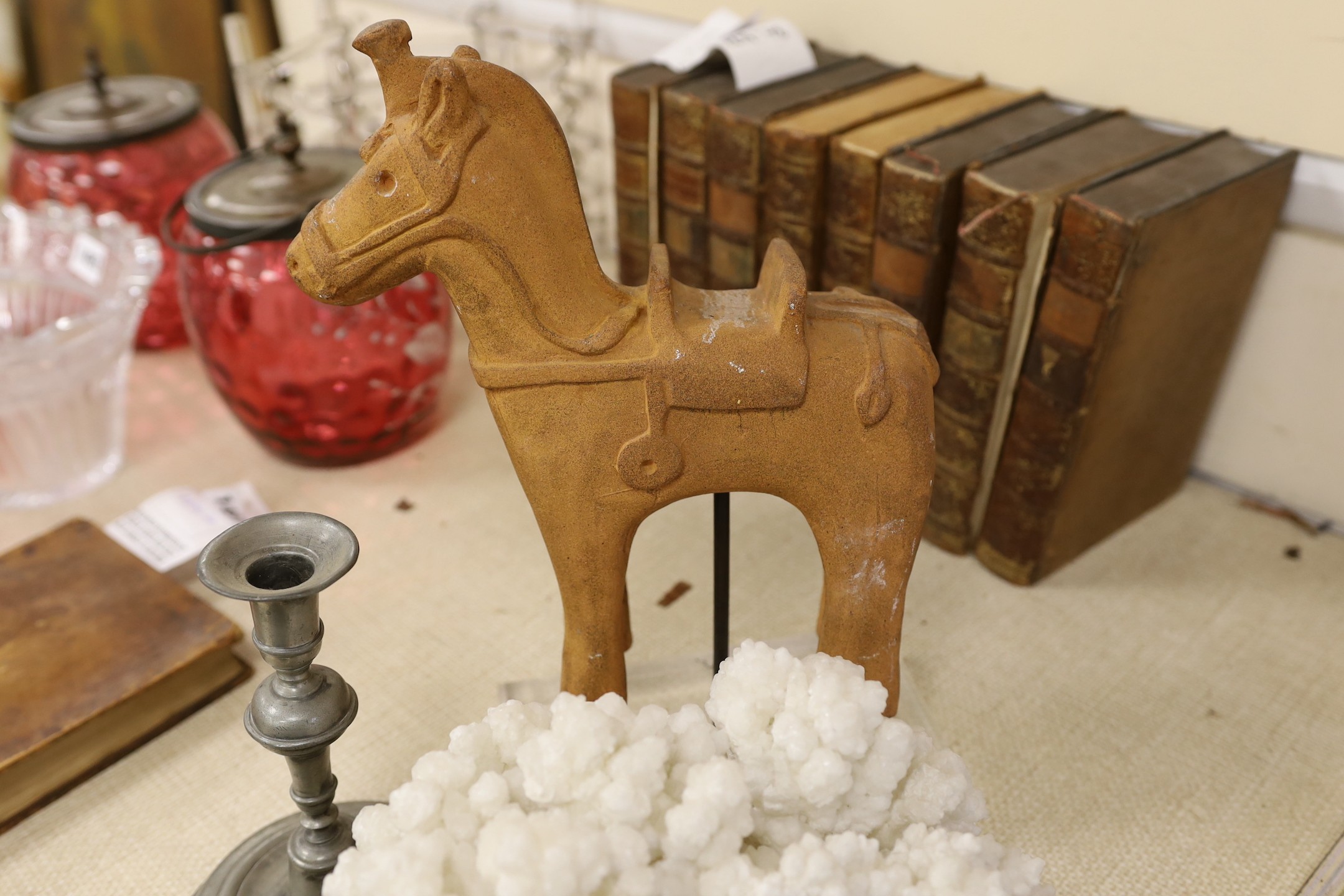 A mounted model of Trojan horse, together with a pewter candlestick, hardwood stands, etc.